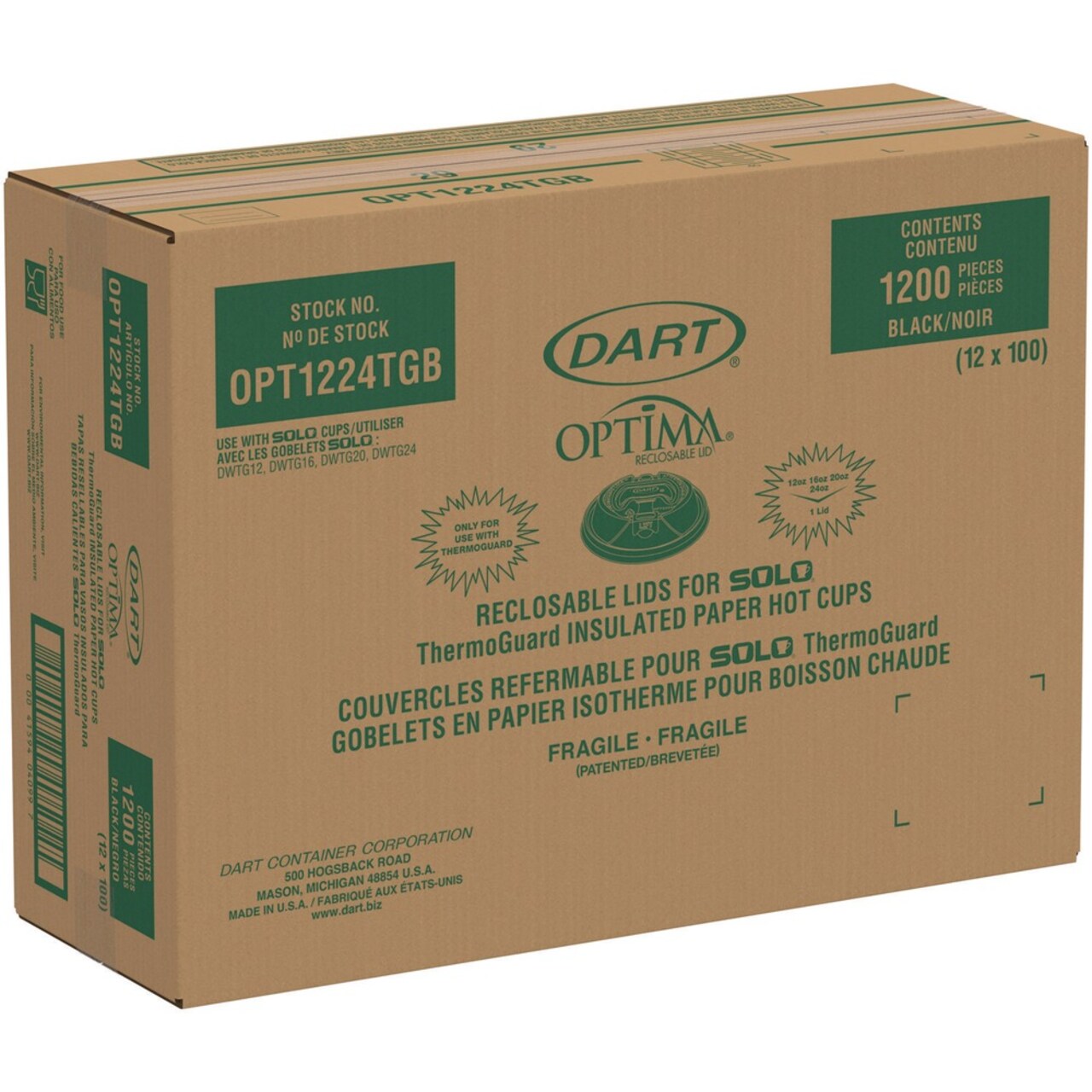 Dart Optima Reclosable Lids for Hot Paper Cups Fits 12 oz. to 24 oz. Hot Paper Cups - Black (1200/Carton)